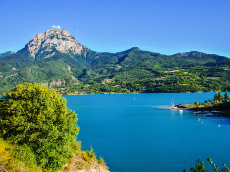 reservoir Lac de Serre-Ponson on the south-eastern France in the Durance River. Provence, the Alps.